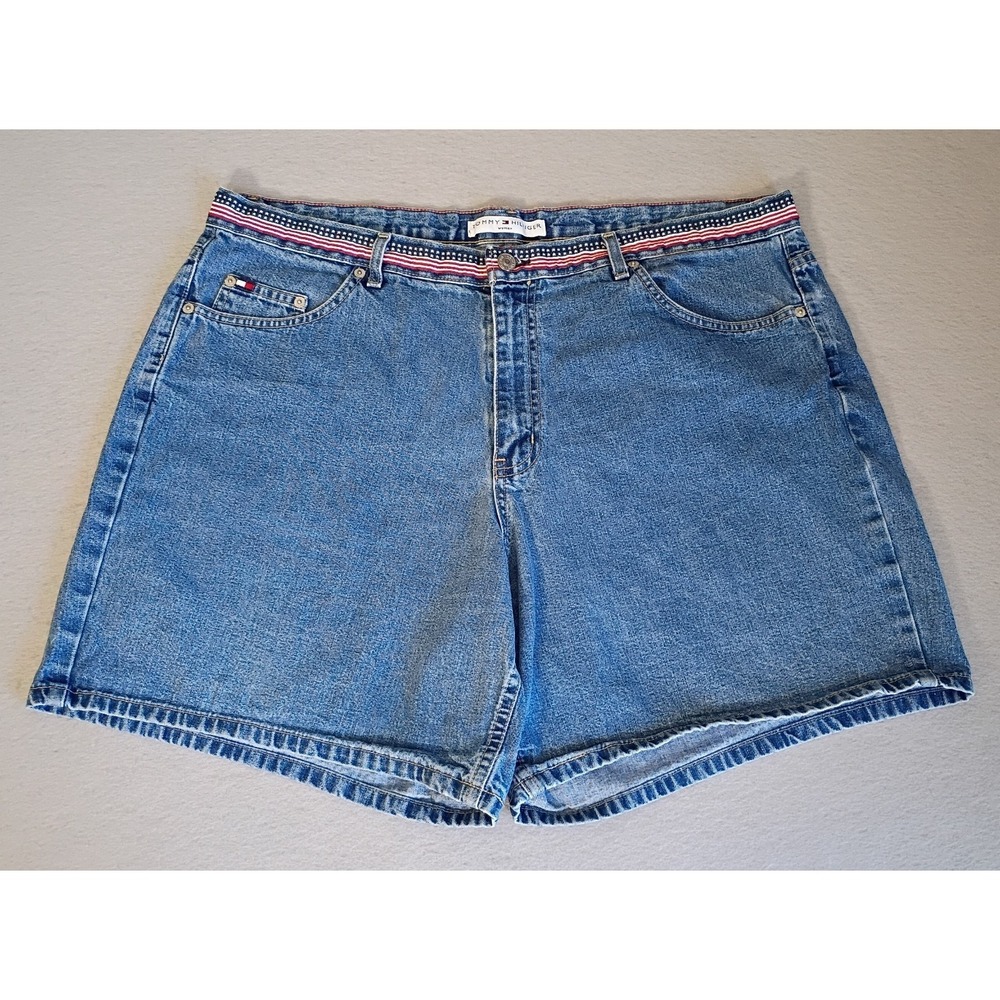 Tommy Hilfiger Women's Size 20 Jean Shorts Med Wash 90s Y2K Flag Ribbon Waist